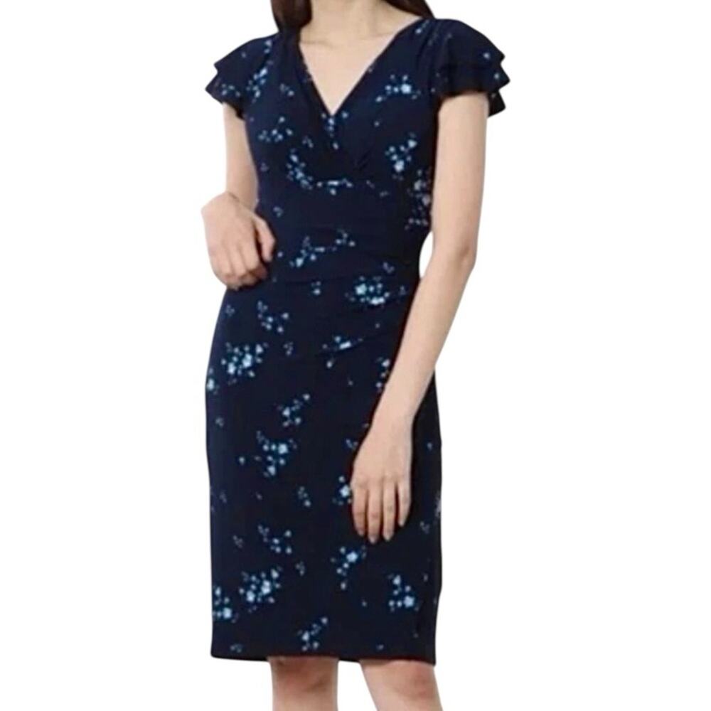 Lauren Ralph Lauren Ruched Faux Wrap Sheath Dress 10 Navy Floral Jersey Stretch